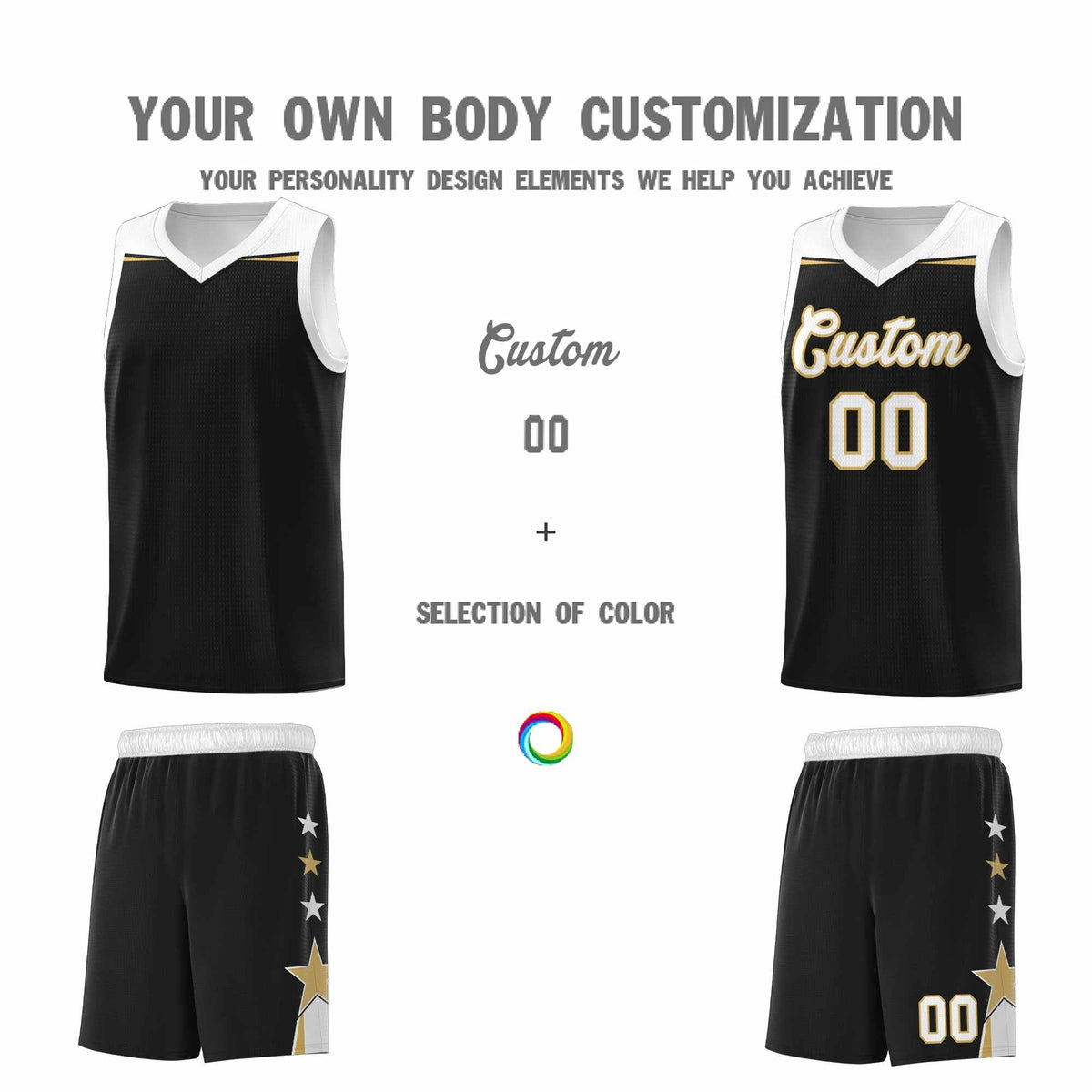 Custom Youth Basketball Uniform Black White Two Tone Side Star Personalized Team Jersey
