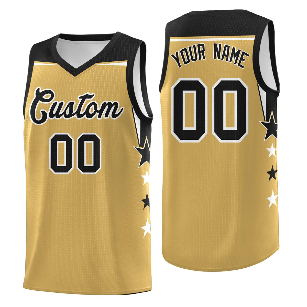 Custom Youth Basketball Uniform Old Gold Black Two Tone Side Star Color Block Team Jersey