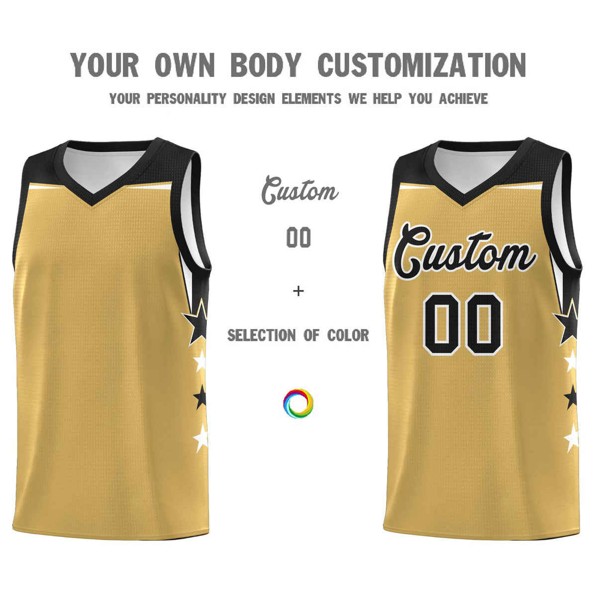 Custom Youth Basketball Uniform Old Gold Black Two Tone Side Star Color Block Team Jersey