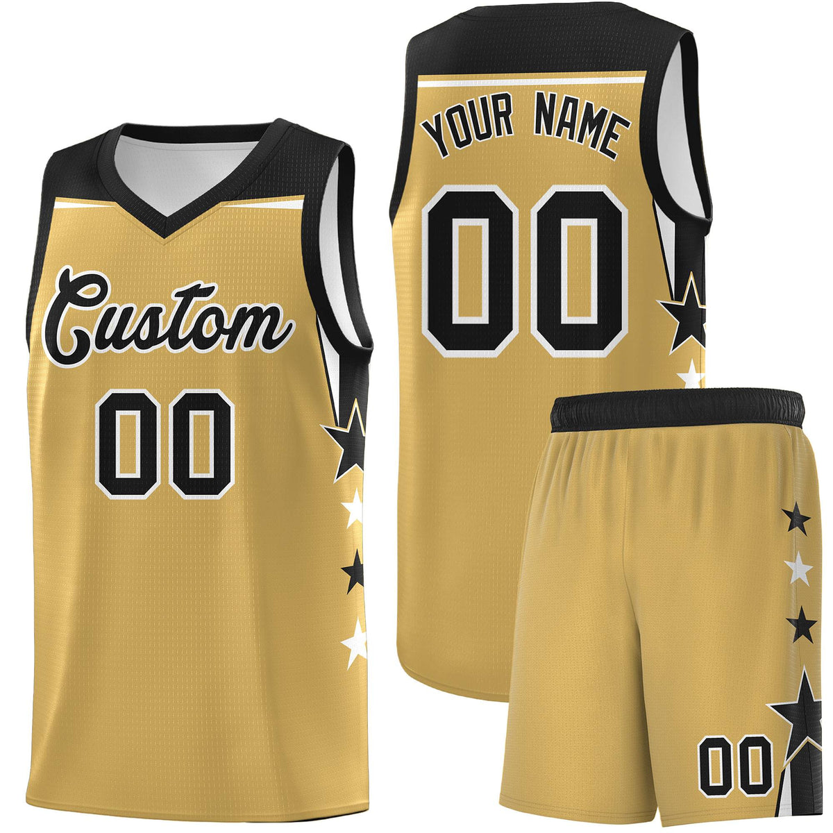 Custom Youth Basketball Uniform Old Gold Black Two Tone Side Star Color Block Team Jersey