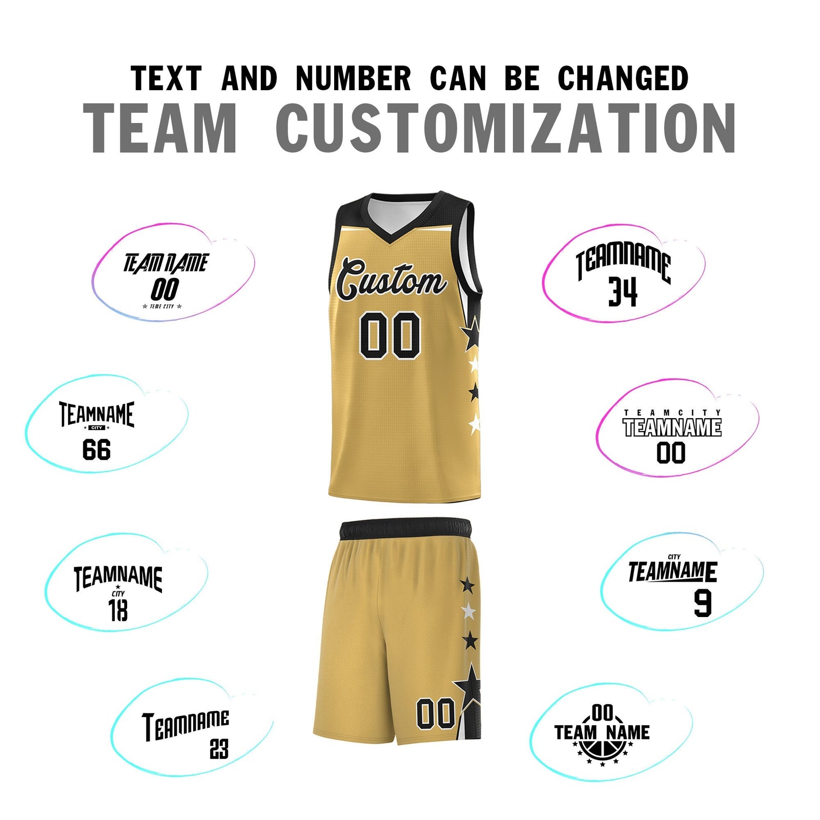 Custom Youth Basketball Uniform Old Gold Black Two Tone Side Star Color Block Team Jersey