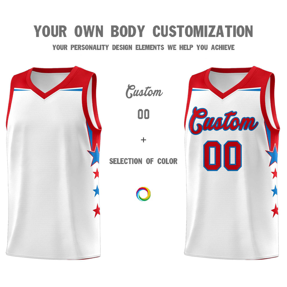 Custom Youth Basketball Uniform White Red Two Tone Side Star Add Name Number & Logo