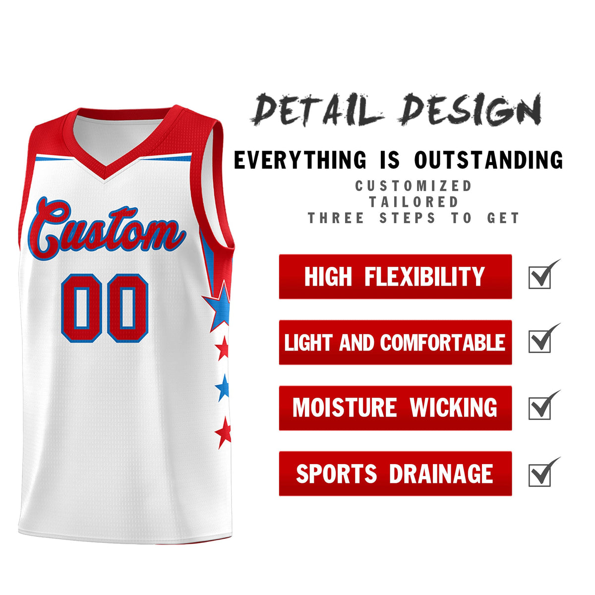 Custom Youth Basketball Uniform White Red Two Tone Side Star Add Name Number & Logo