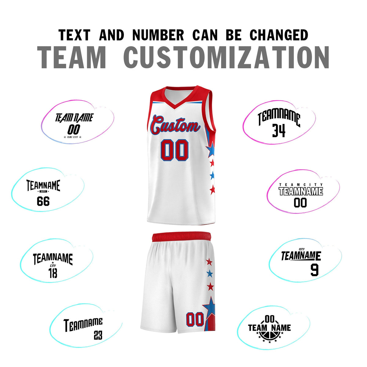 Custom Youth Basketball Uniform White Red Two Tone Side Star Add Name Number & Logo
