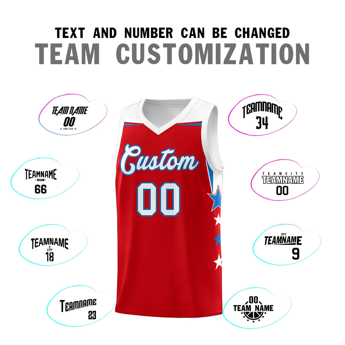 Custom Youth Basketball Uniform Red White Two Tone Side Star Personalized Team Jersey