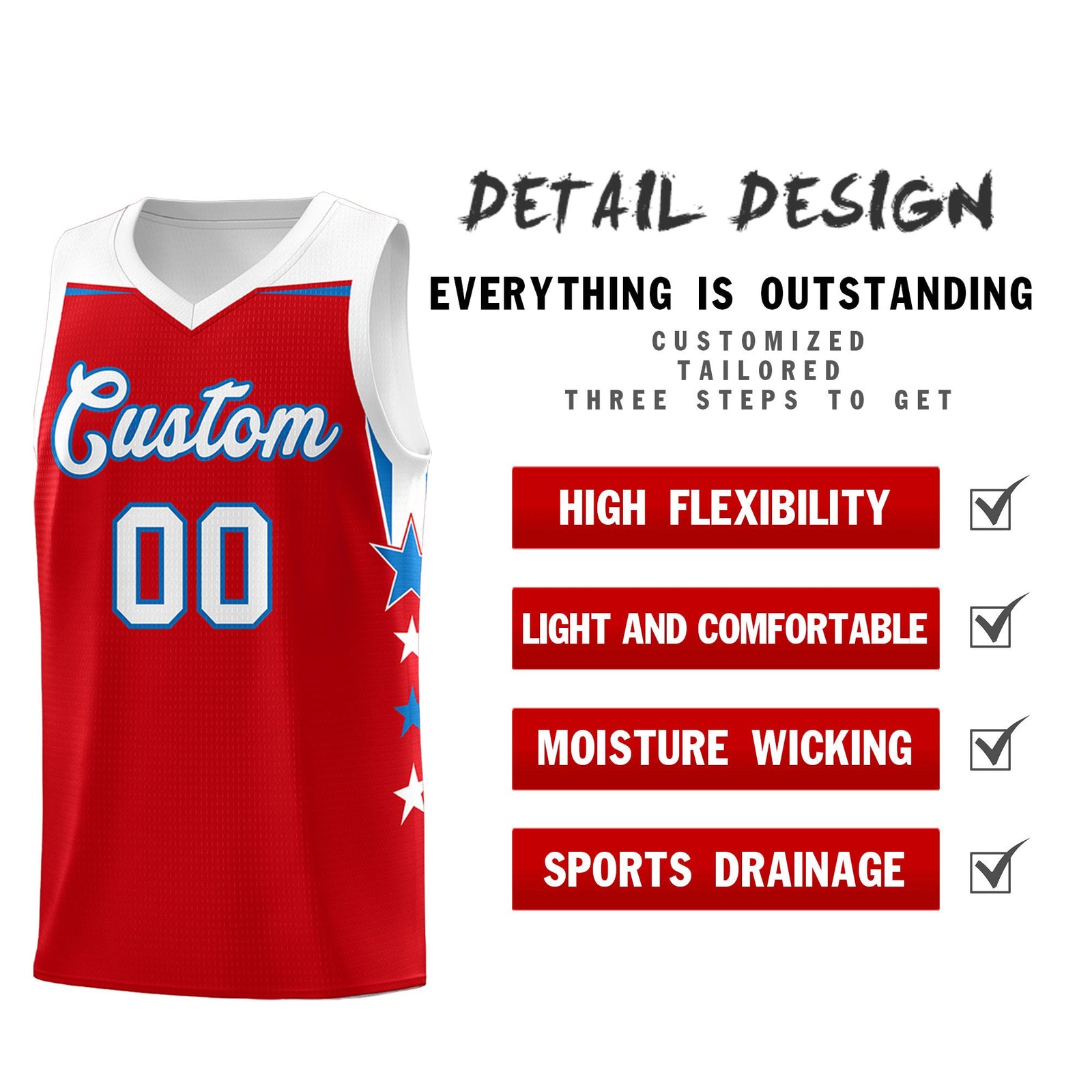 Custom Youth Basketball Uniform Red White Two Tone Side Star Personalized Team Jersey
