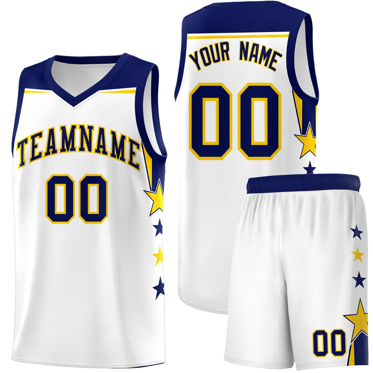 Custom Youth Basketball Uniform White Navy Two Tone Side Star Personalized Team Jersey