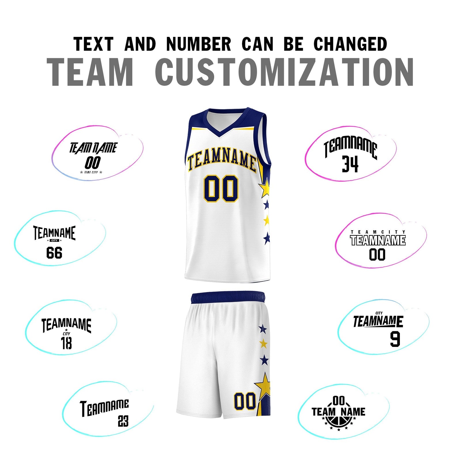 Custom Youth Basketball Uniform White Navy Two Tone Side Star Personalized Team Jersey