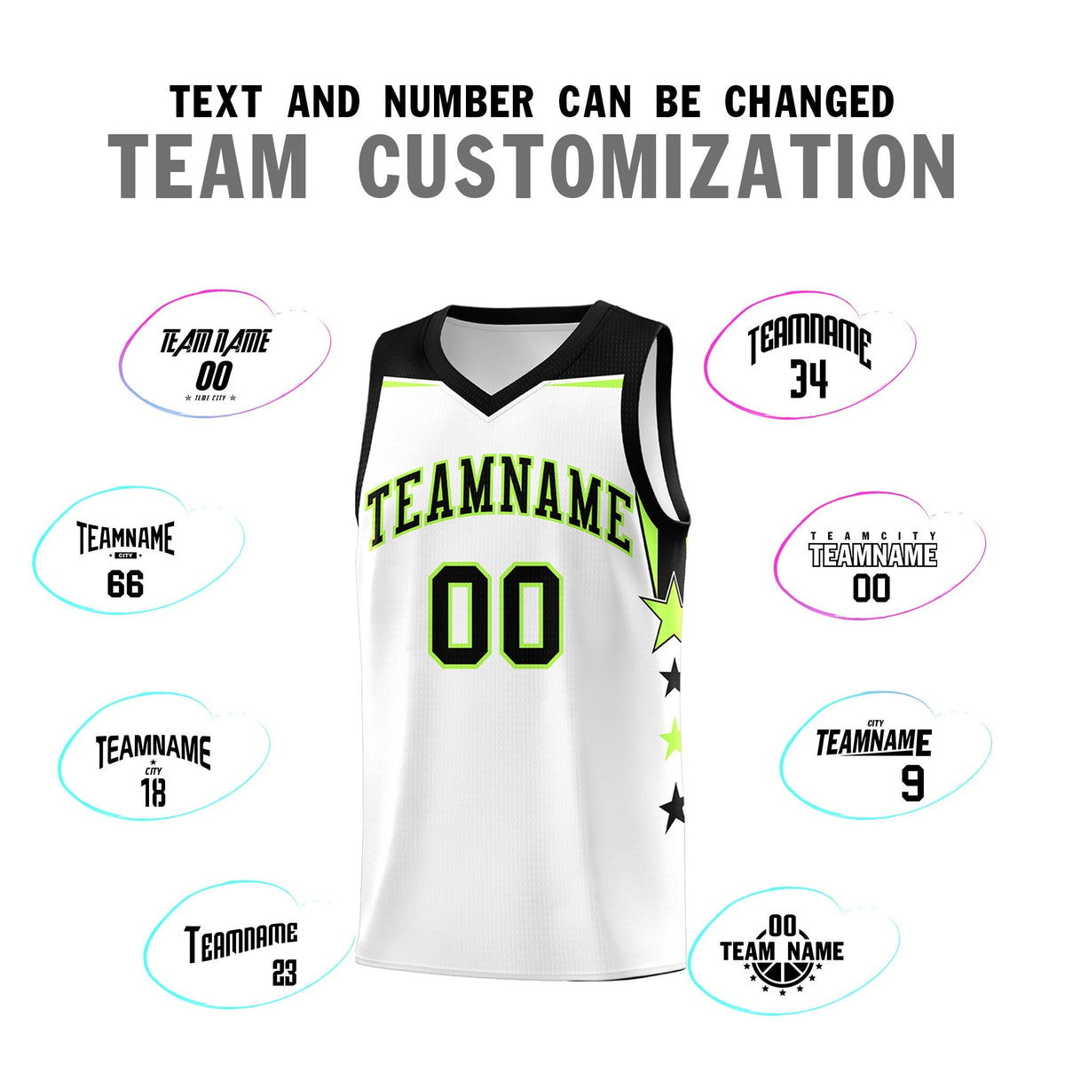 Custom Youth Basketball Uniform White Black Two Tone Side Star Add Name Number &amp; Logo