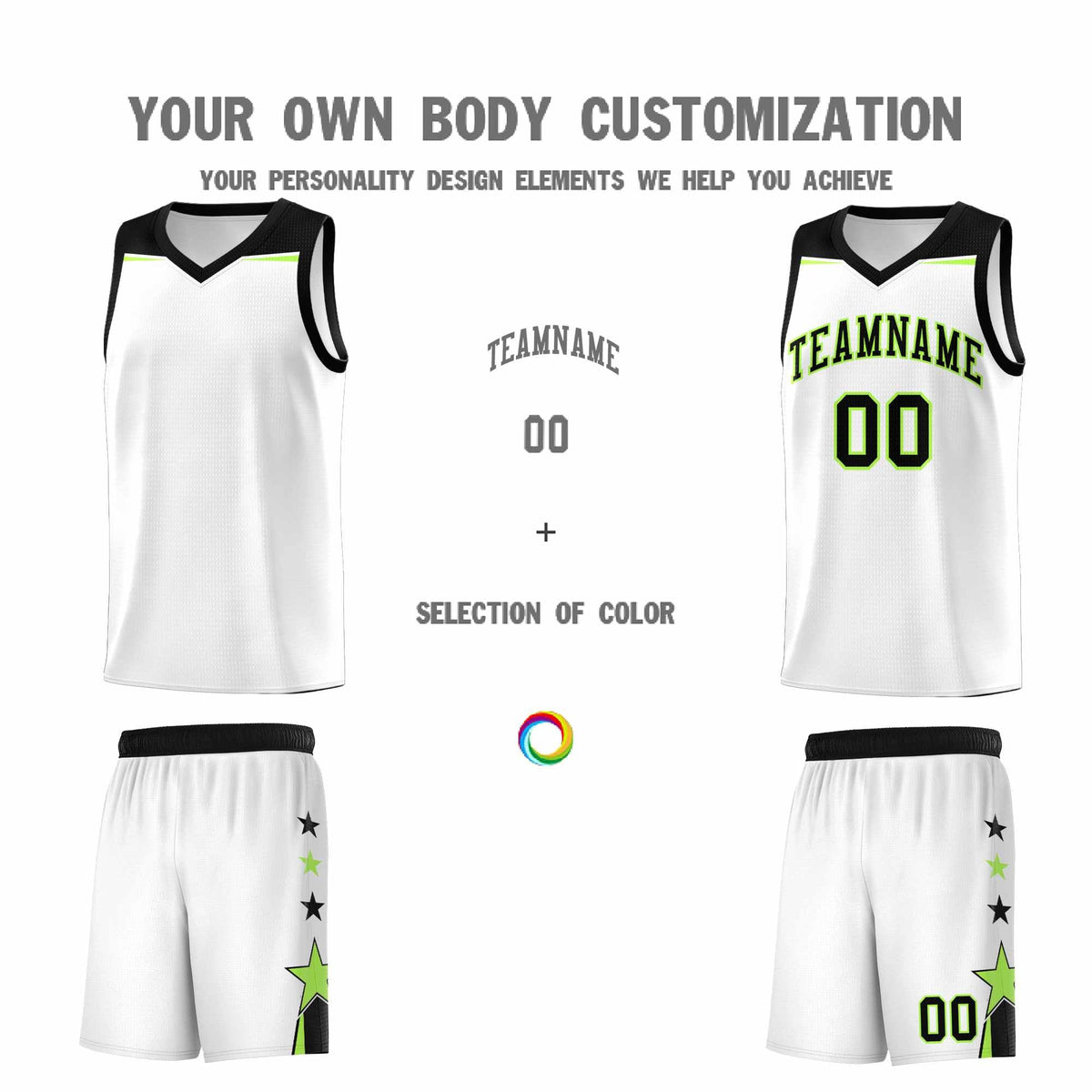 Custom Youth Basketball Uniform White Black Two Tone Side Star Add Name Number &amp; Logo