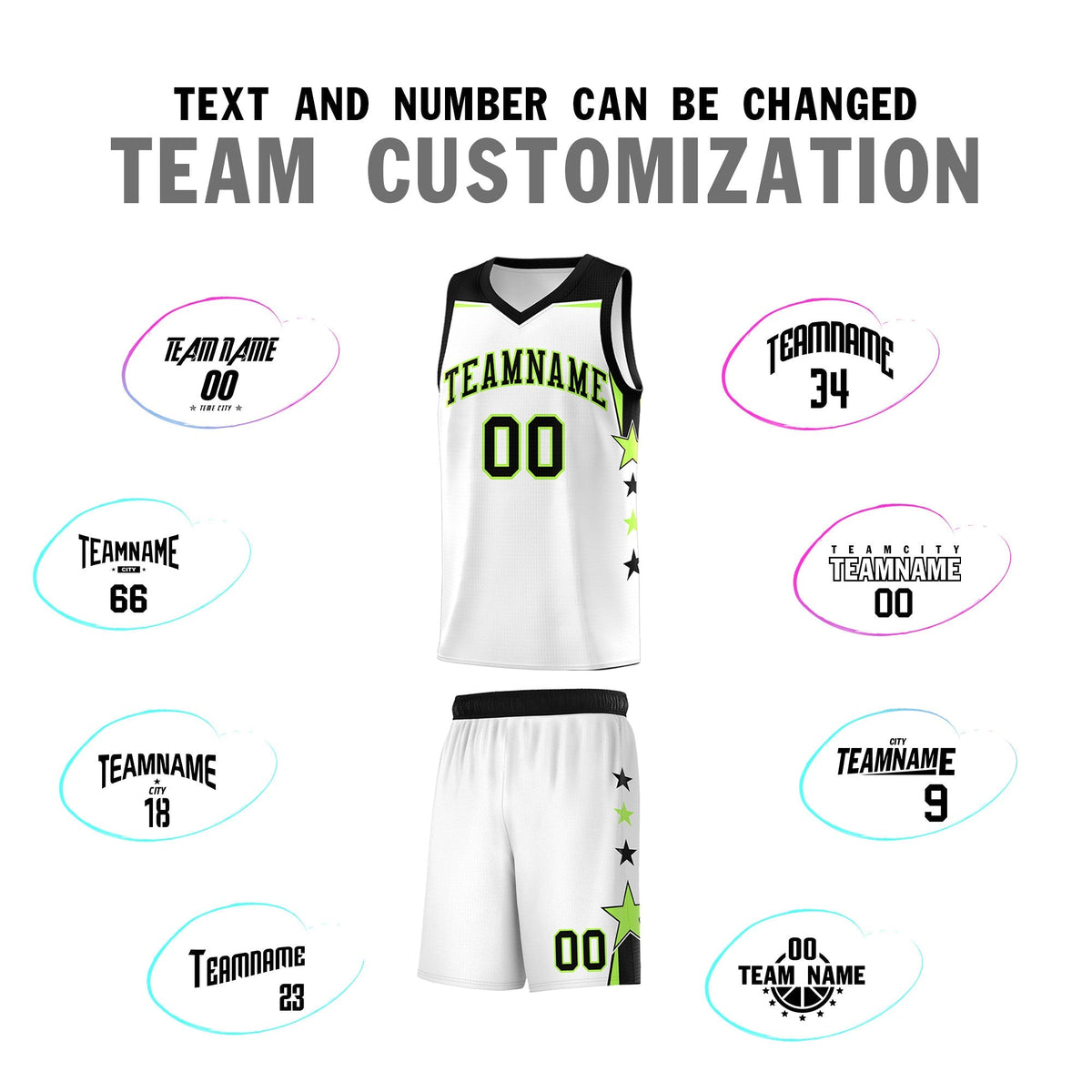 Custom Youth Basketball Uniform White Black Two Tone Side Star Add Name Number &amp; Logo