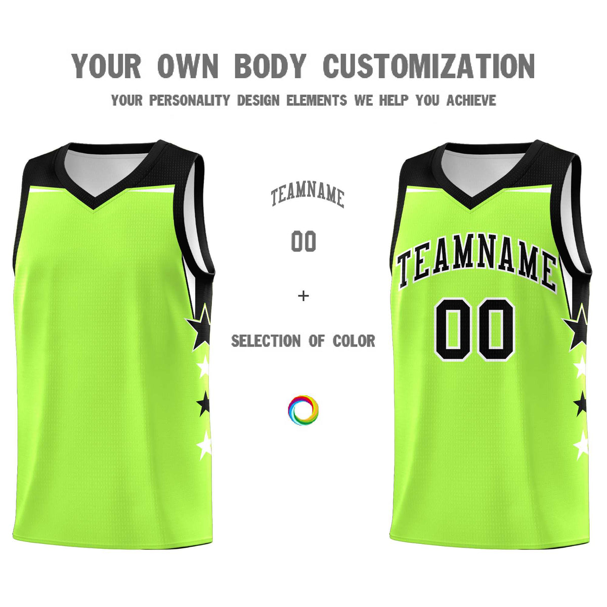 Custom Youth Basketball Uniform Fluorescent Green Black Two Tone Side Star Add Name Number &amp; Logo