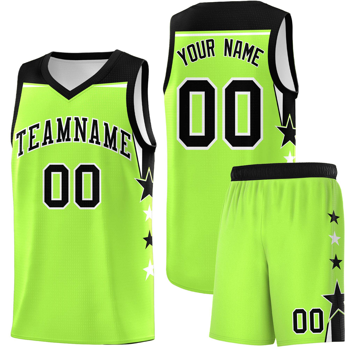 Custom Youth Basketball Uniform Fluorescent Green Black Two Tone Side Star Add Name Number &amp; Logo