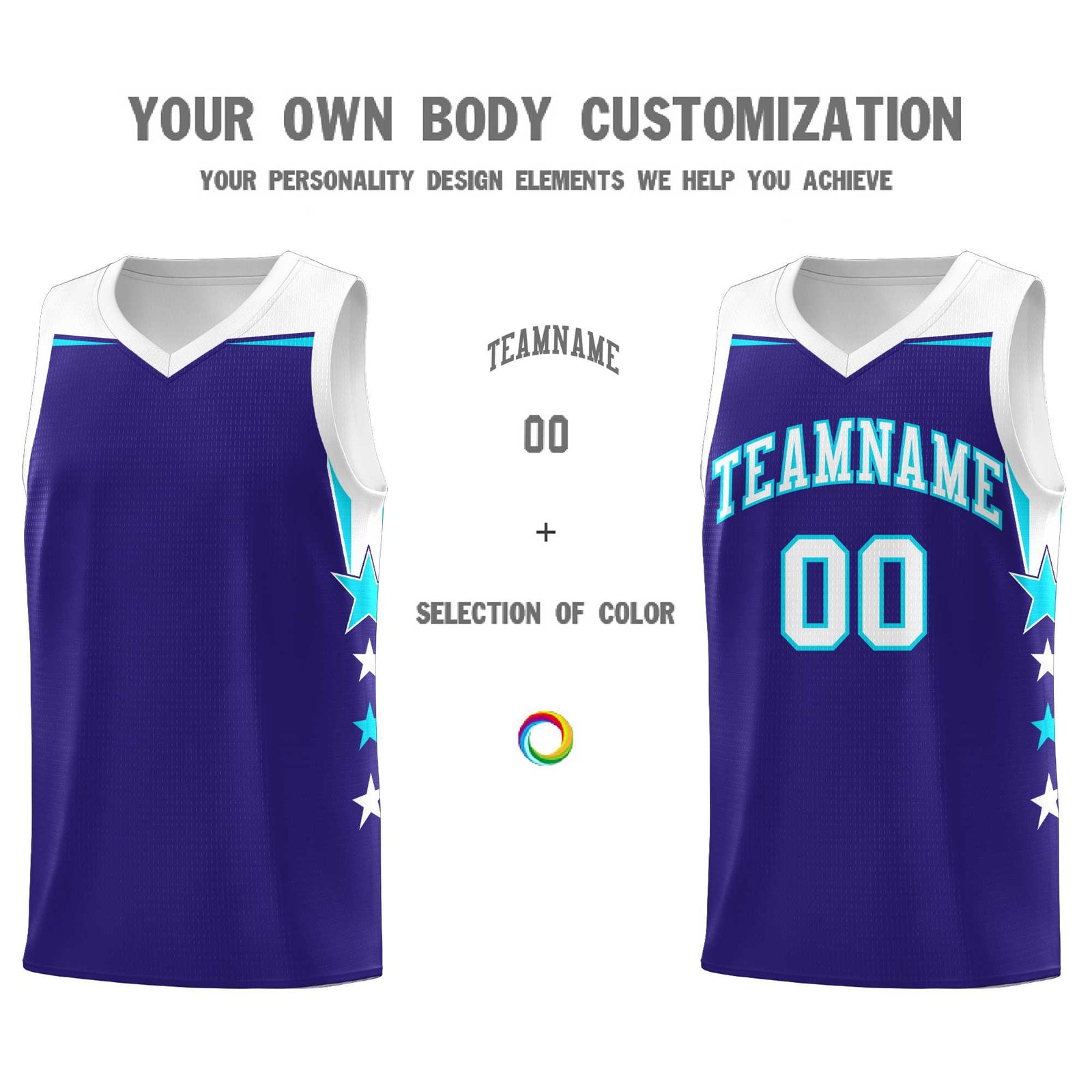 Custom Youth Basketball Uniform Royal White Two Tone Side Star Add Name Number & Logo