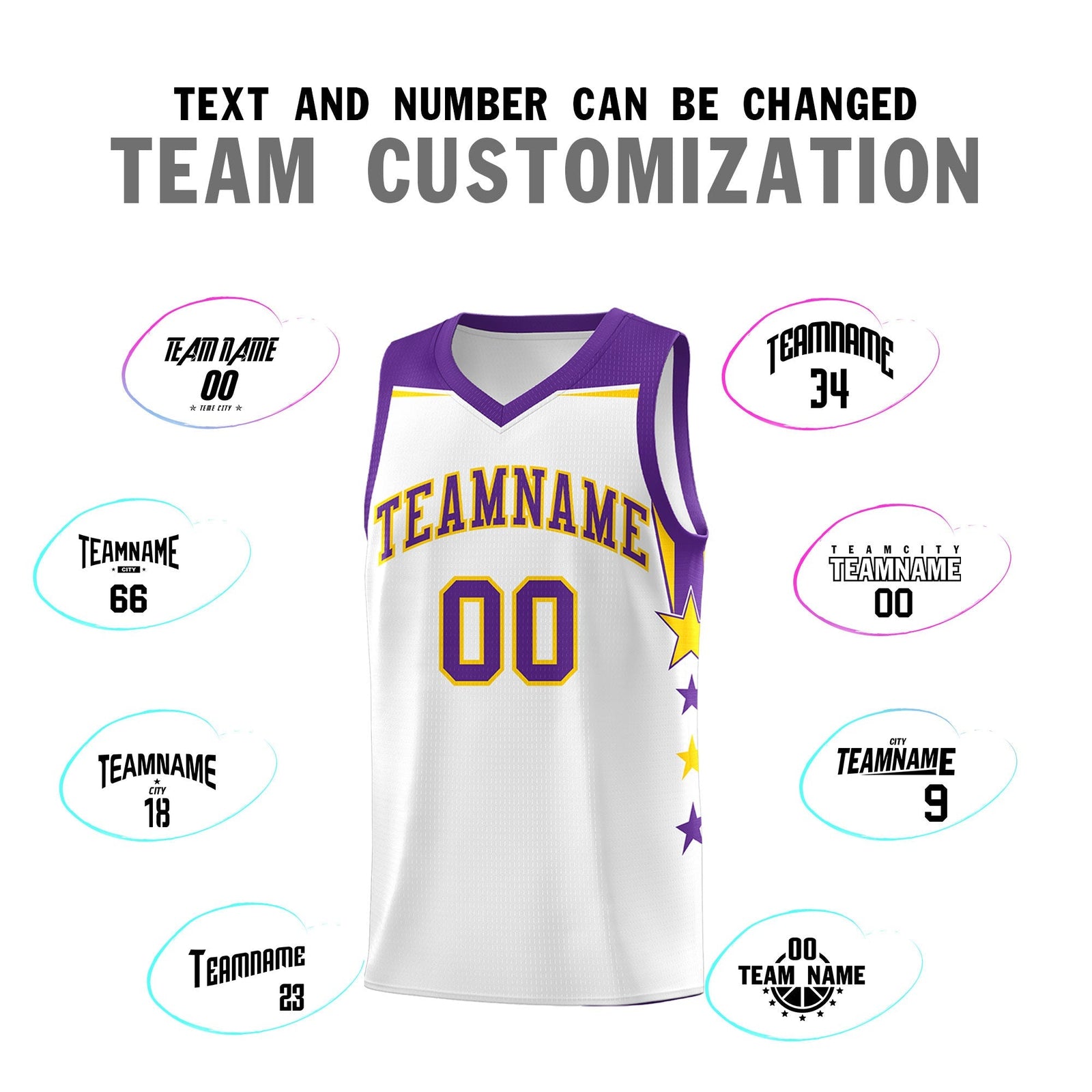 Custom Youth Basketball Uniform White Purple Two Tone Side Star Color Block Team Jersey
