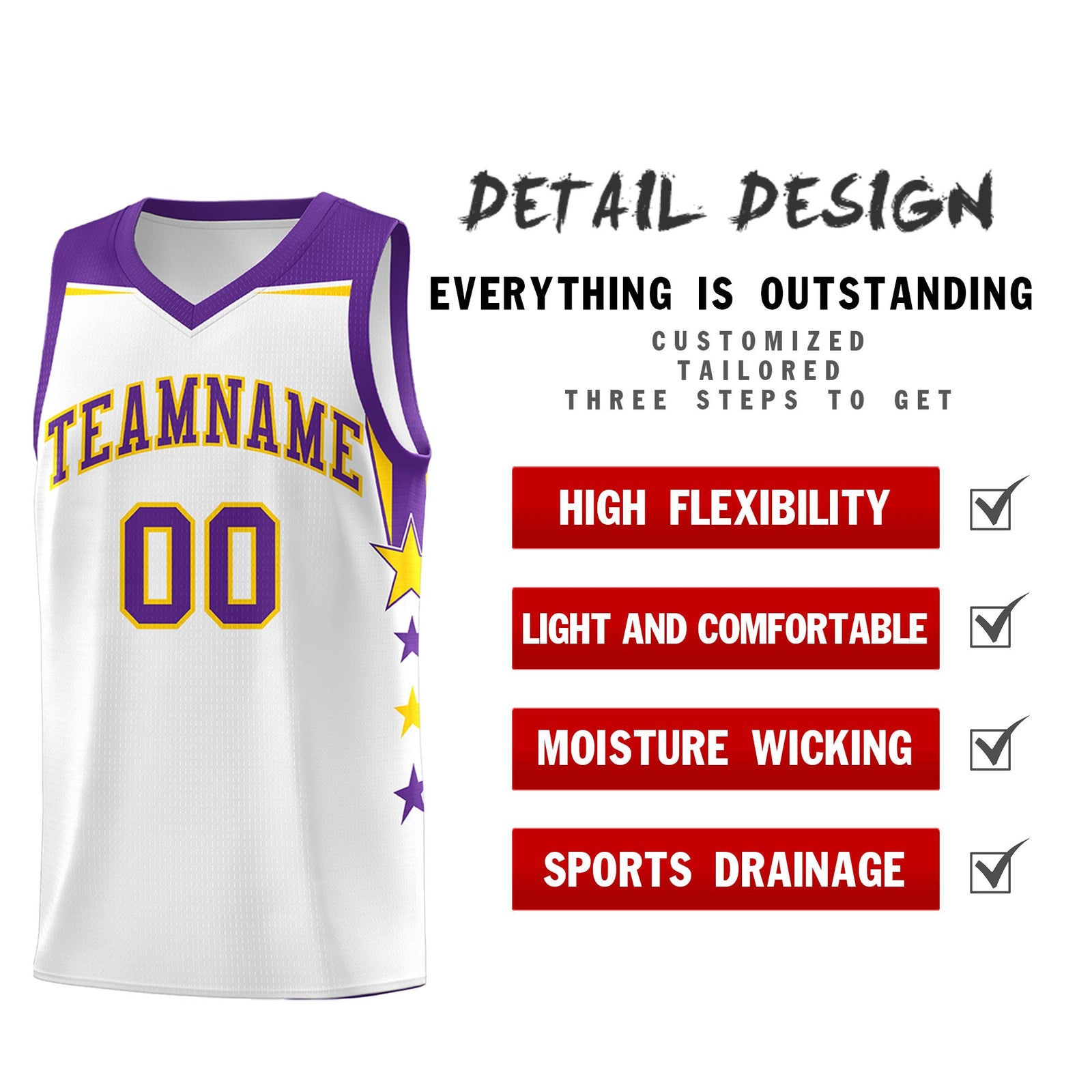 Custom Youth Basketball Uniform White Purple Two Tone Side Star Color Block Team Jersey