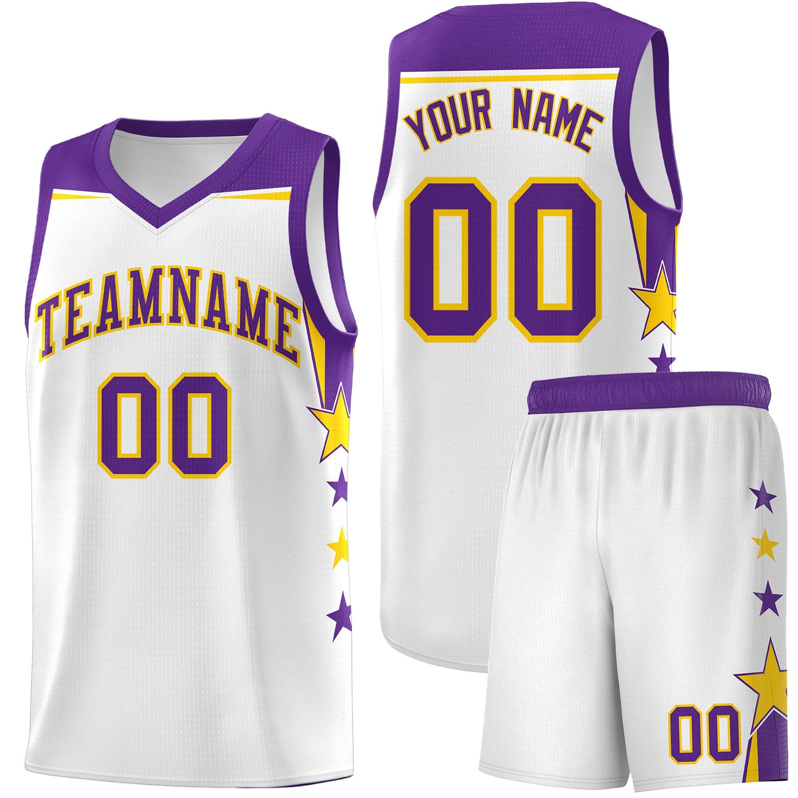 Custom Youth Basketball Uniform White Purple Two Tone Side Star Color Block Team Jersey