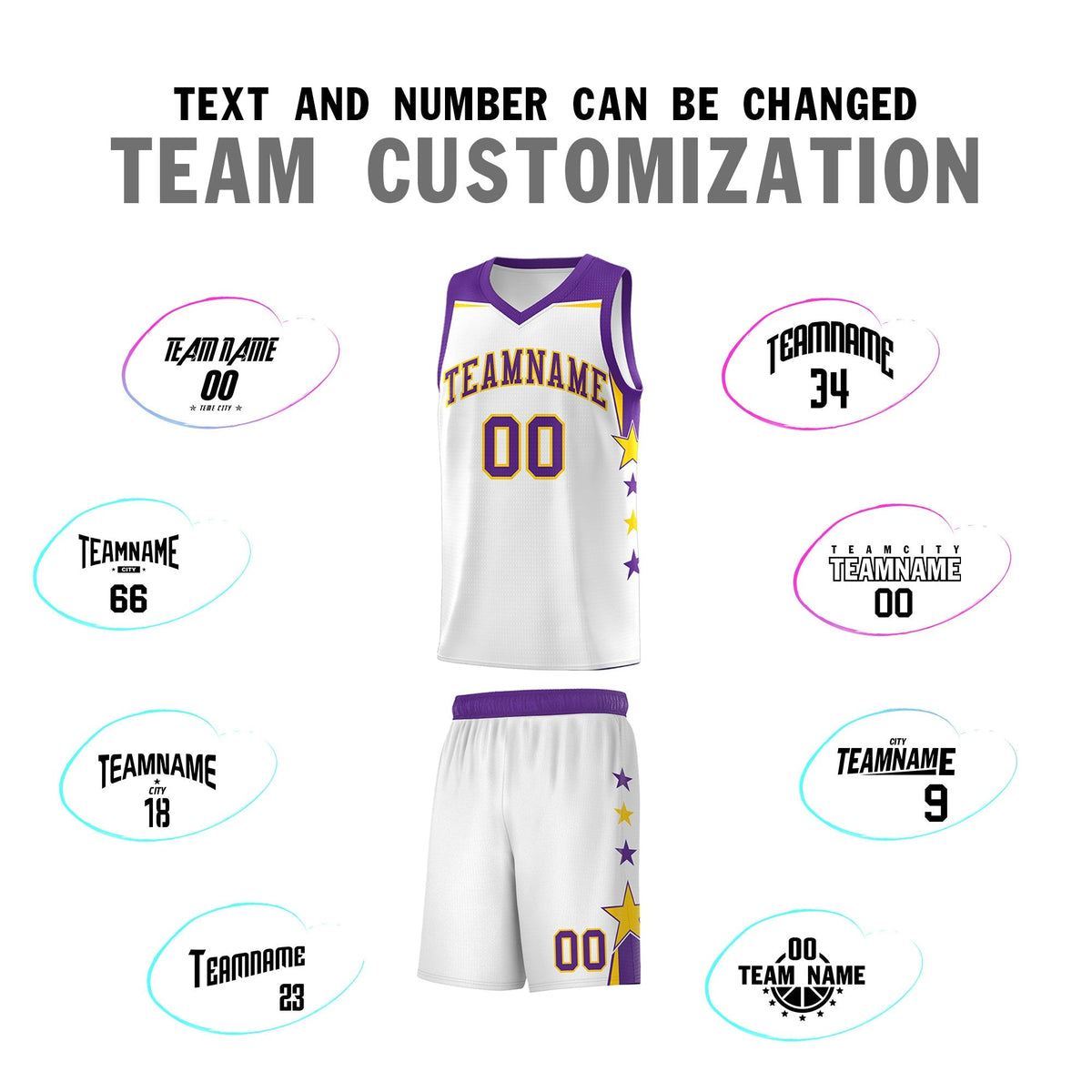 Custom Youth Basketball Uniform White Purple Two Tone Side Star Color Block Team Jersey