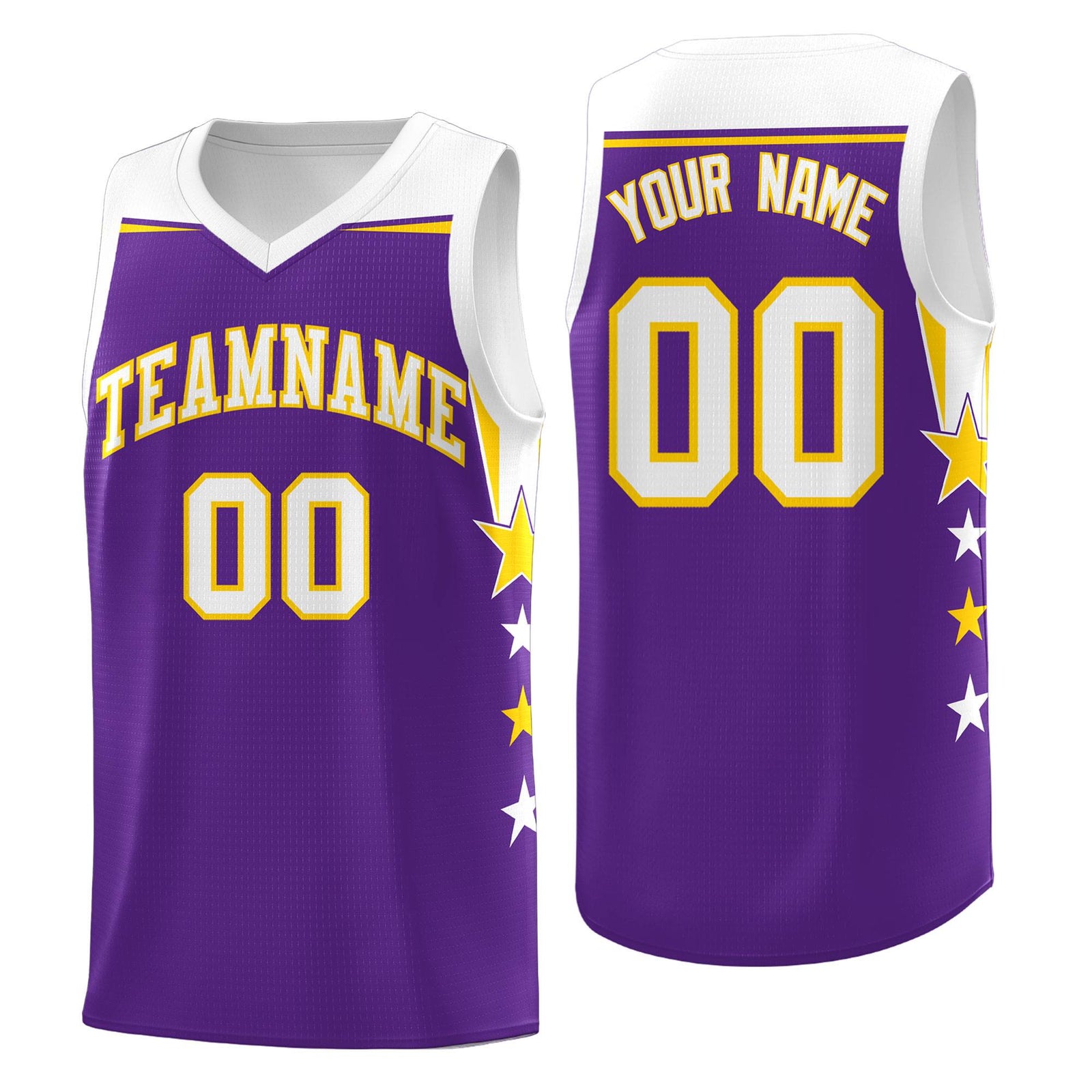Custom Youth Basketball Uniform Purple White Two Tone Side Star Add Name Number & Logo