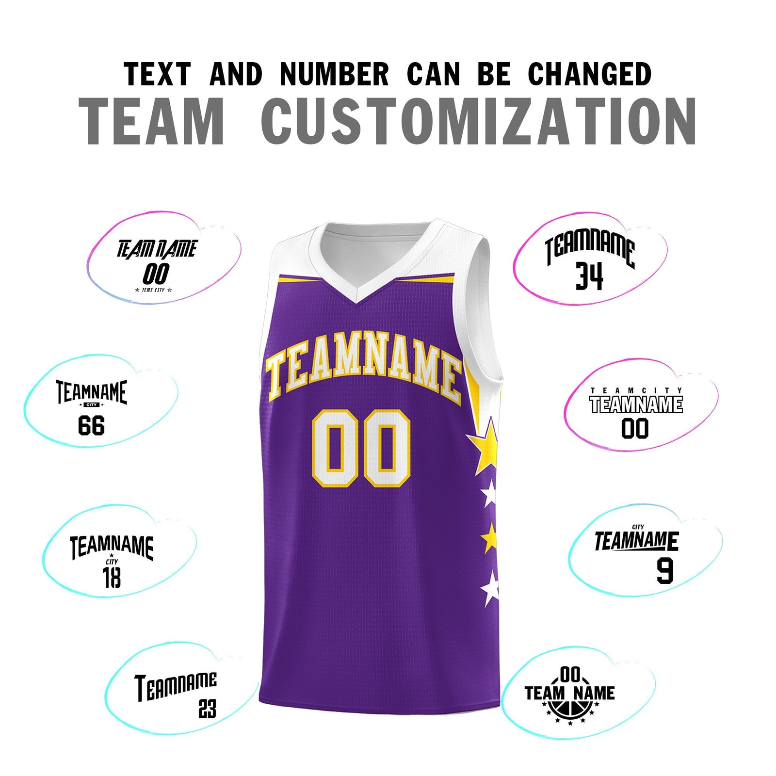 Custom Youth Basketball Uniform Purple White Two Tone Side Star Add Name Number & Logo