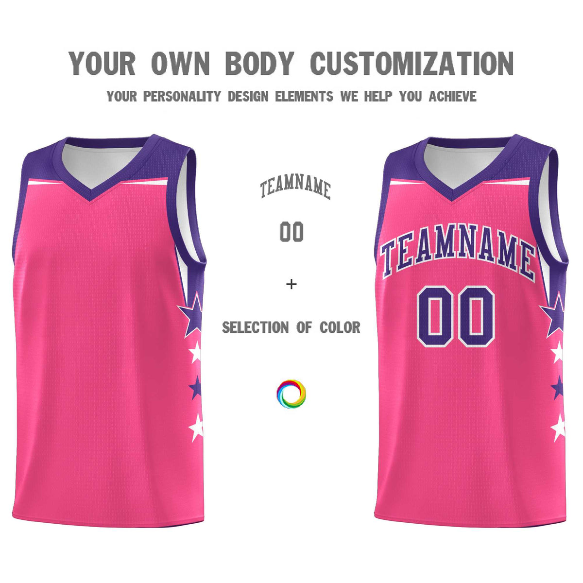 Custom Youth Basketball Uniform Pink Purple Two Tone Side Star Add Name Number &amp; Logo