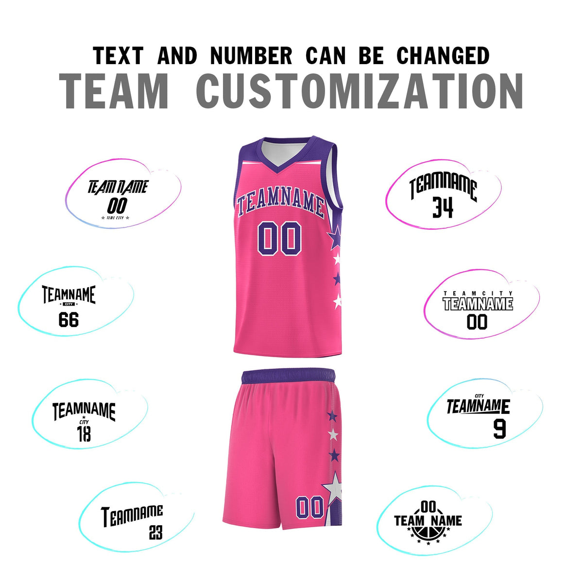 Custom Youth Basketball Uniform Pink Purple Two Tone Side Star Add Name Number &amp; Logo