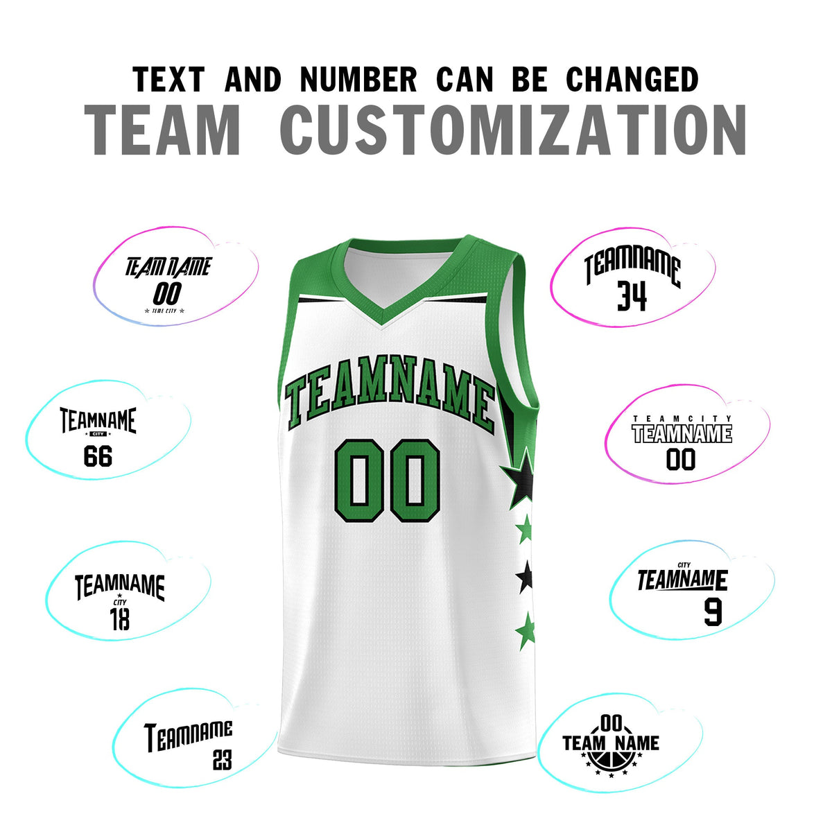 Custom Youth Basketball Uniform White Kelly Green Two Tone Side Star Color Block Team Jersey