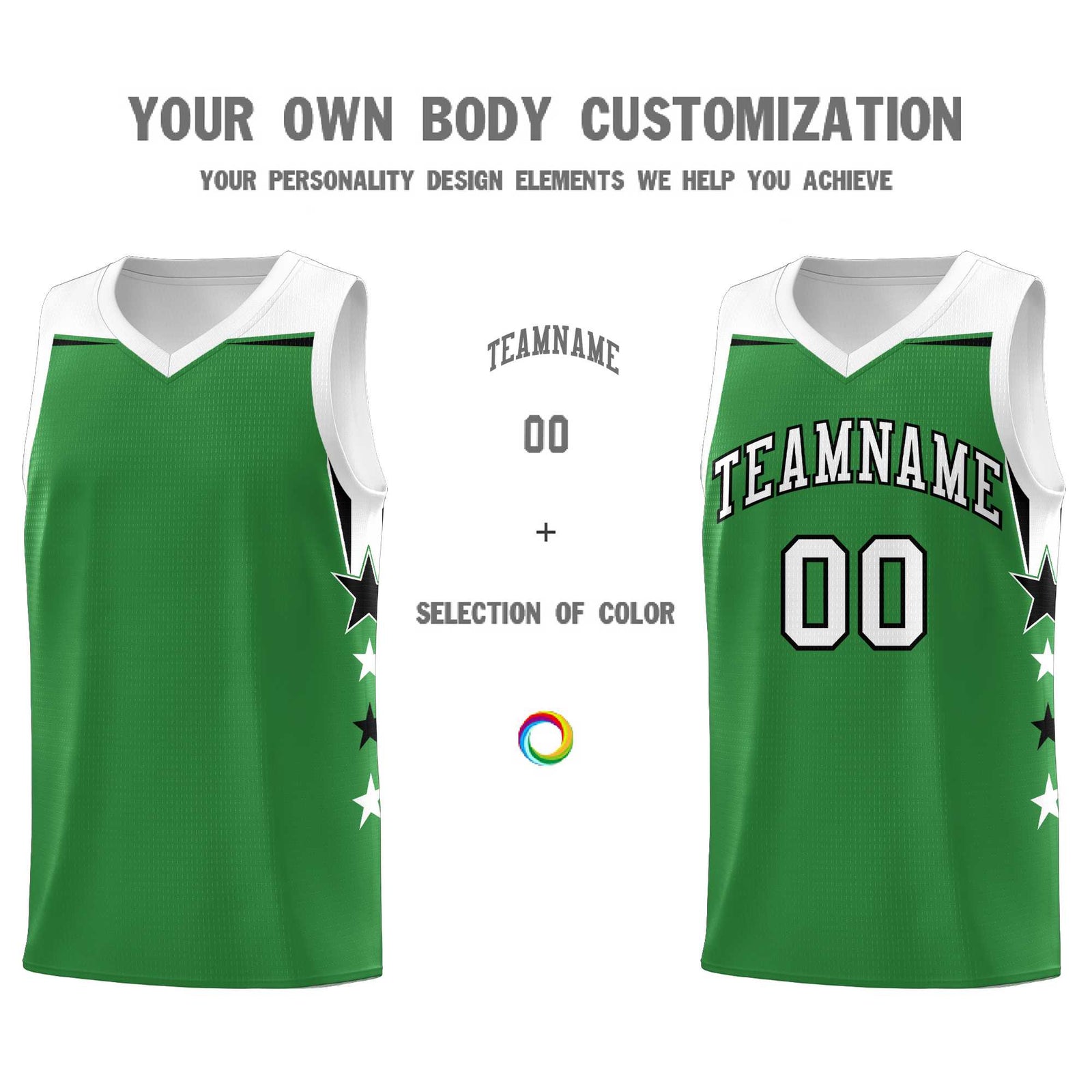 Custom Youth Basketball Uniform Kelly Green White Two Tone Side Star Add Name Number & Logo