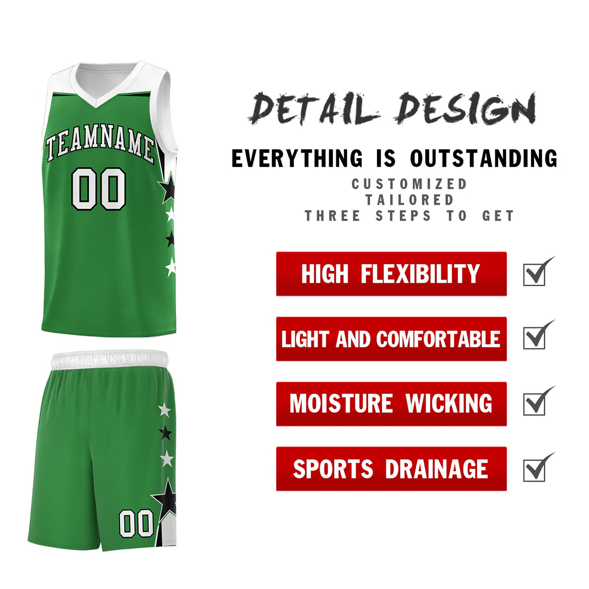 Custom Youth Basketball Uniform Kelly Green White Two Tone Side Star Add Name Number &amp; Logo