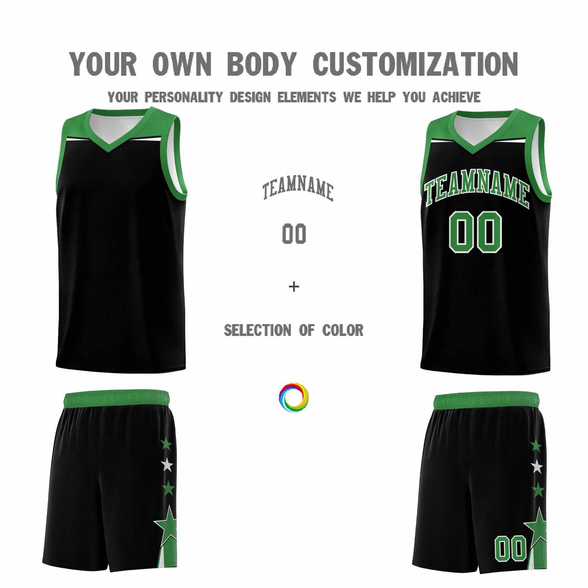 Custom Youth Basketball Uniform Black Kelly Green Two Tone Side Star Personalized Team Jersey