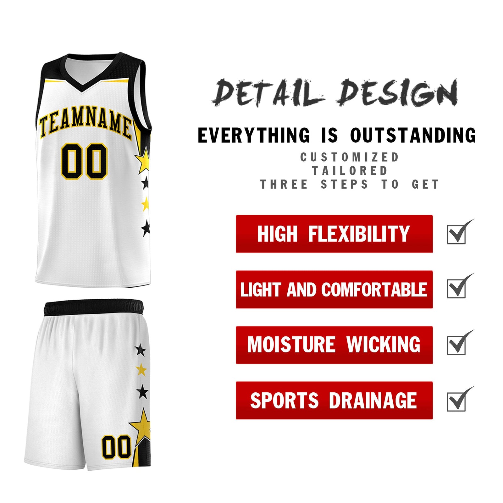 Custom Youth Basketball Uniform White Black Two Tone Side Star Color Block Team Jersey