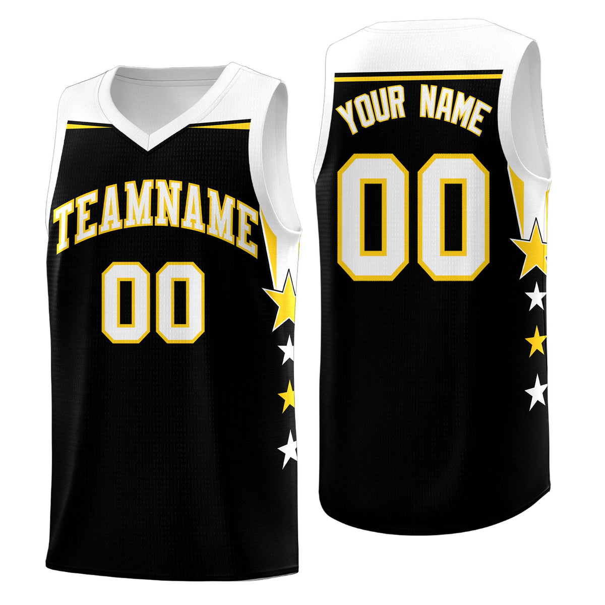 Custom Youth Basketball Uniform Black White Two Tone Side Star Add Name Number &amp; Logo