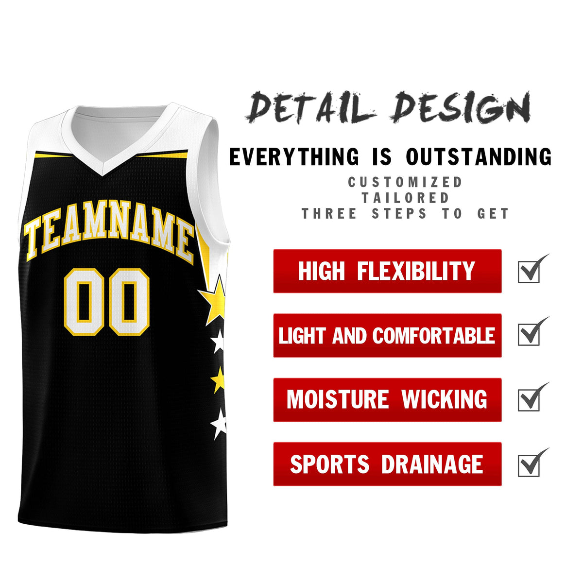 Custom Youth Basketball Uniform Black White Two Tone Side Star Add Name Number &amp; Logo