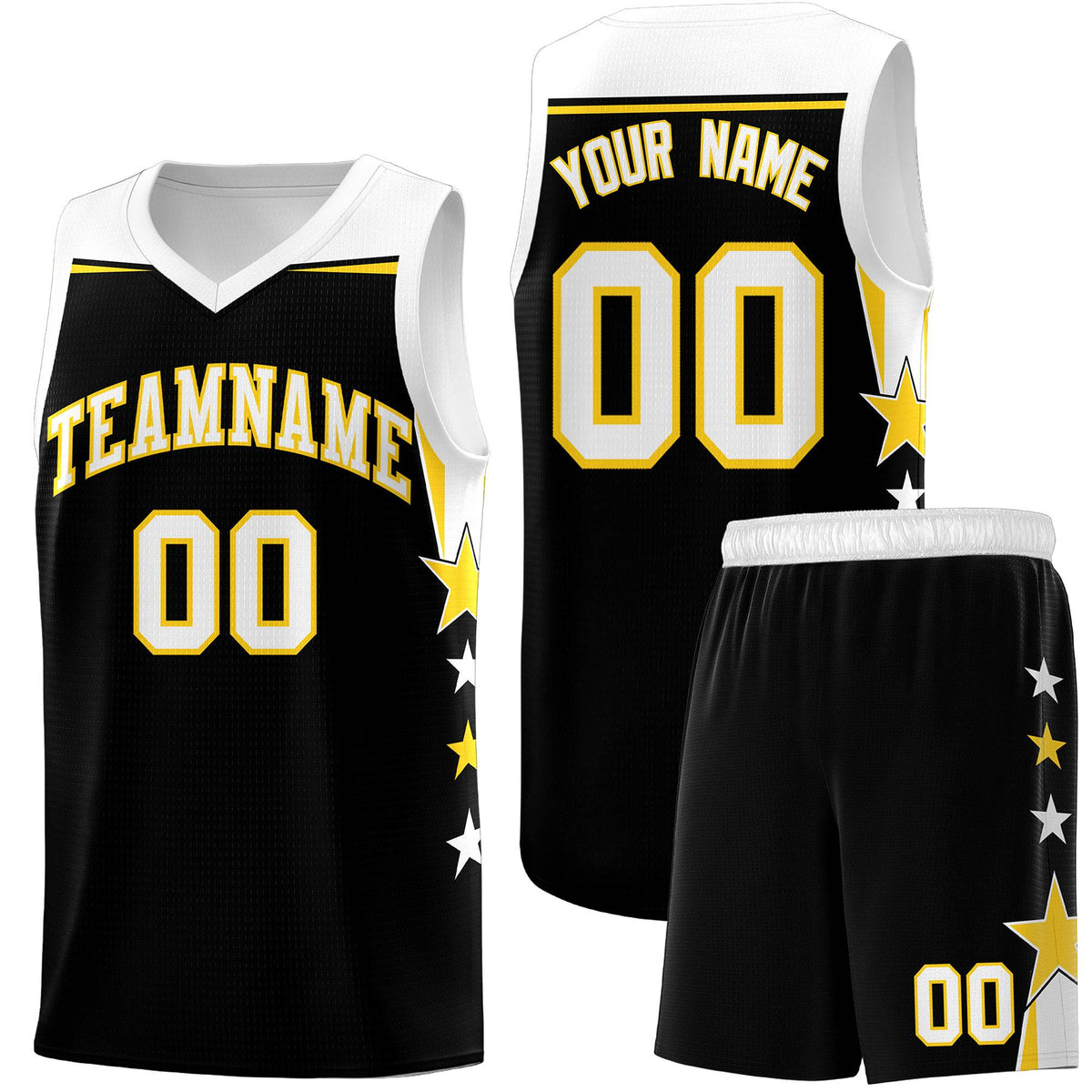 Custom Youth Basketball Uniform Black White Two Tone Side Star Add Name Number &amp; Logo