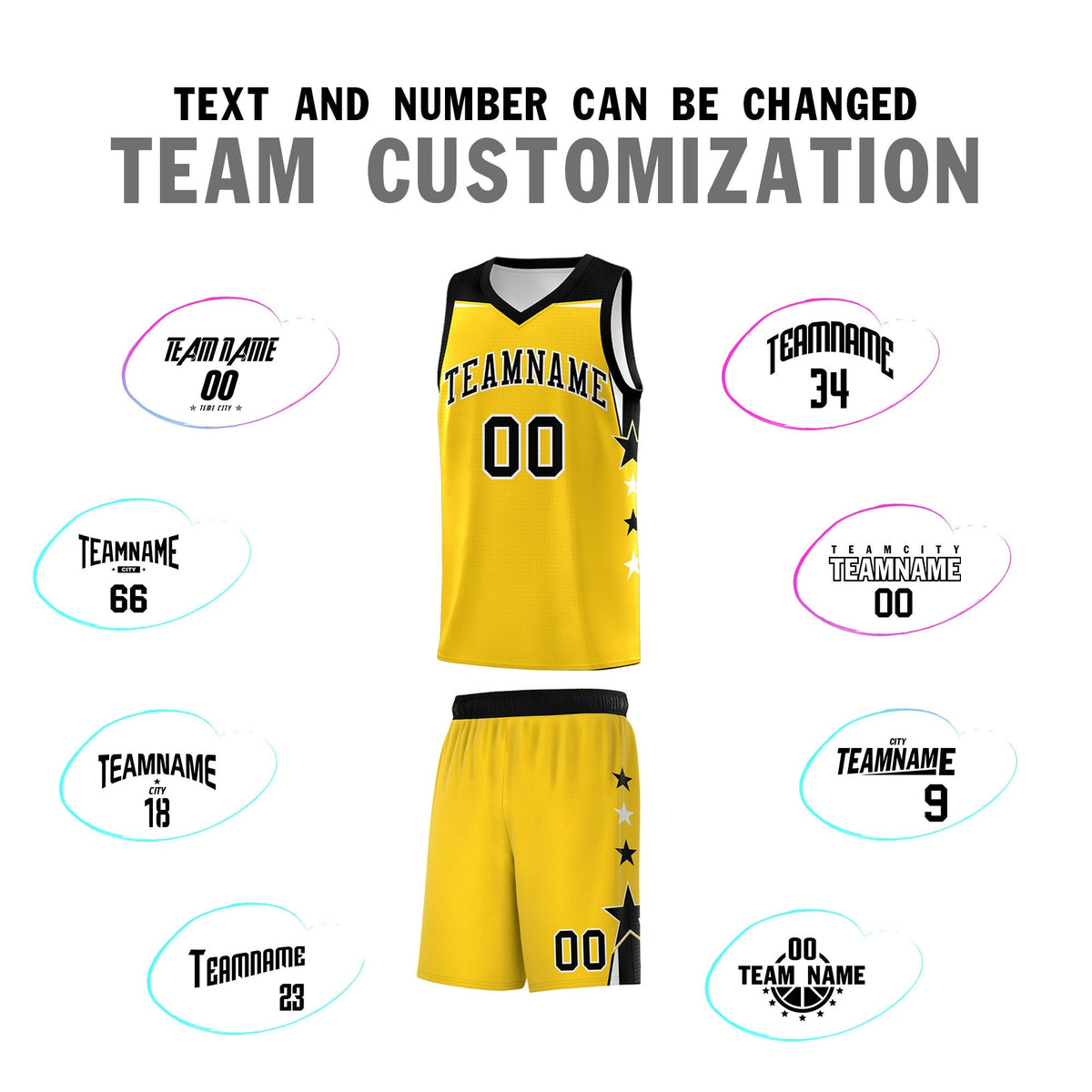 Custom Youth Basketball Uniform Gold Black Two Tone Side Star Personalized Team Jersey