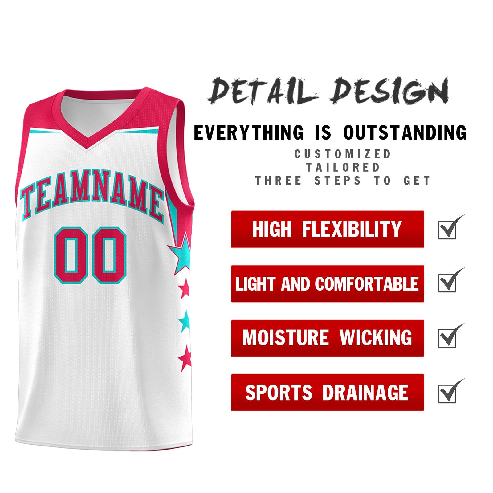 Custom Youth Basketball Uniform White Red Two Tone Side Star Color Block Team Jersey