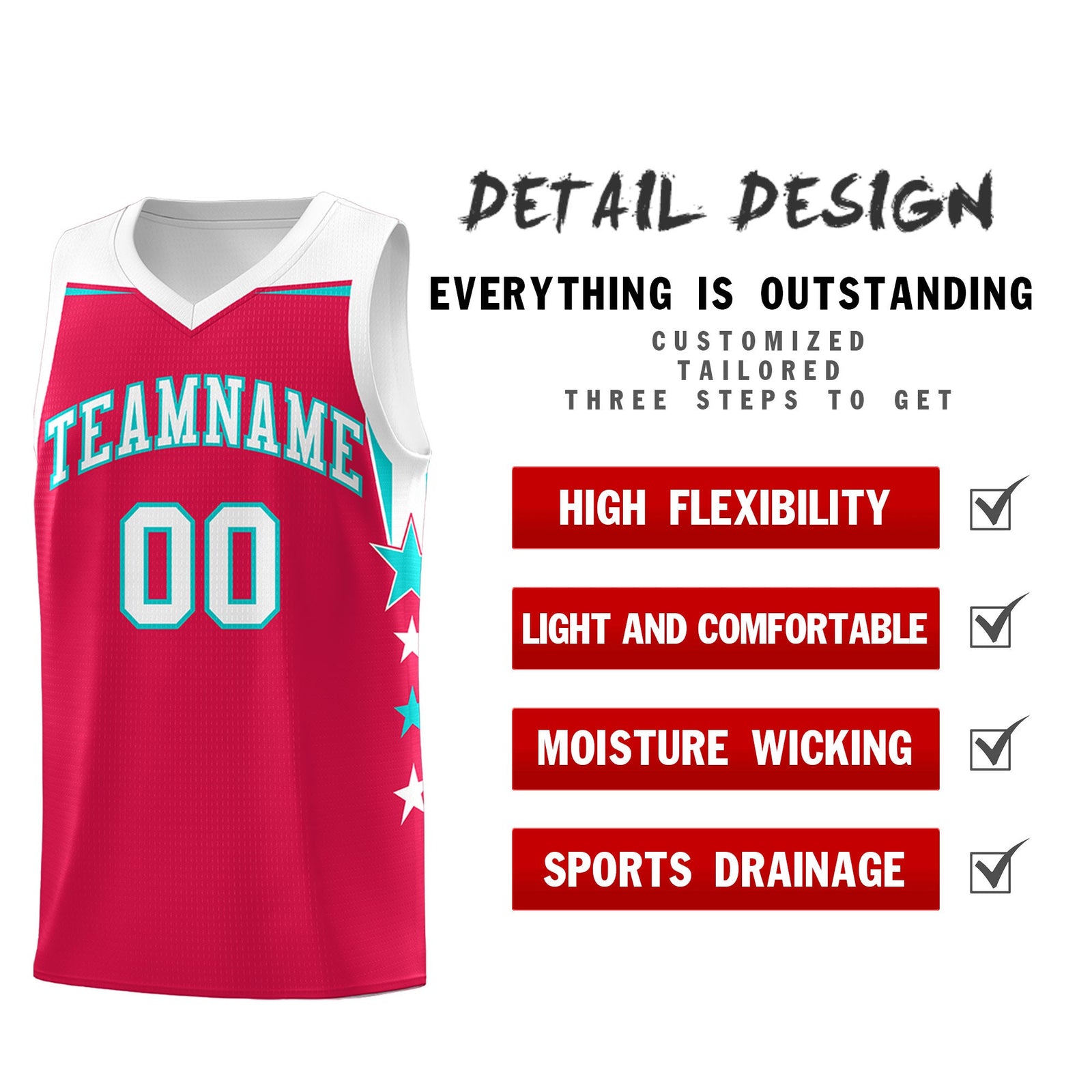 Custom Youth Basketball Uniform Red White Two Tone Side Star Add Name Number & Logo