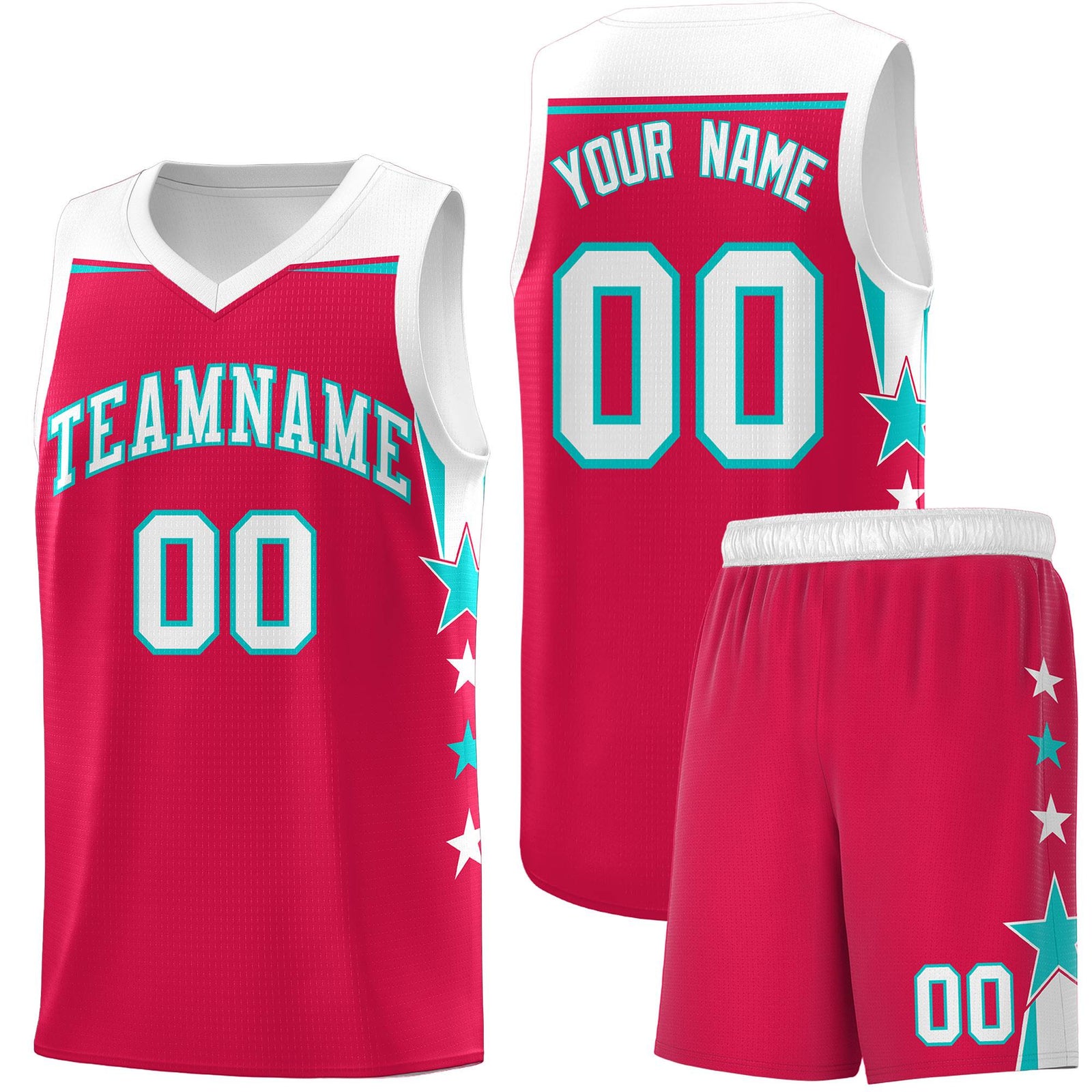 Custom Youth Basketball Uniform Red White Two Tone Side Star Add Name Number & Logo
