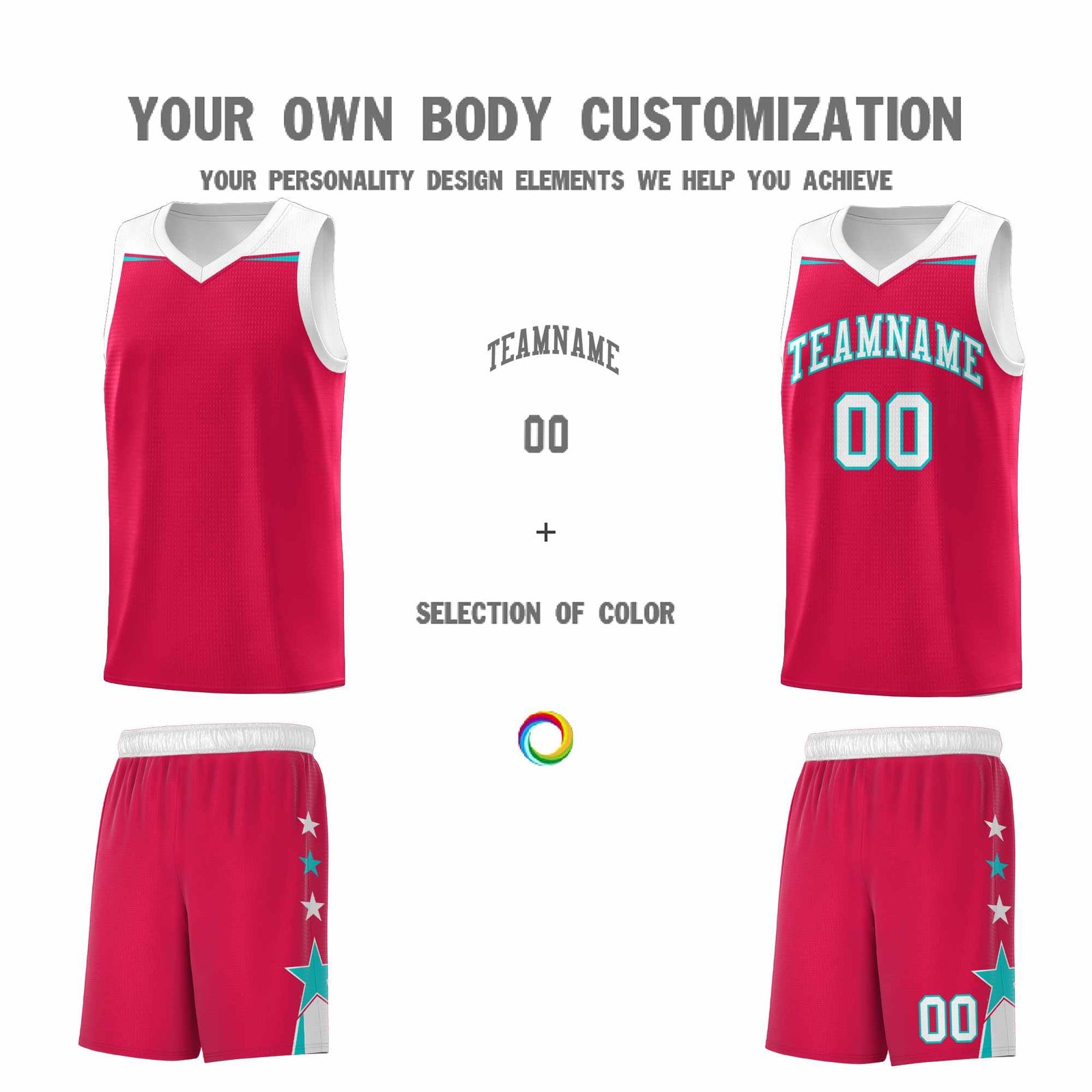Custom Youth Basketball Uniform Red White Two Tone Side Star Add Name Number & Logo