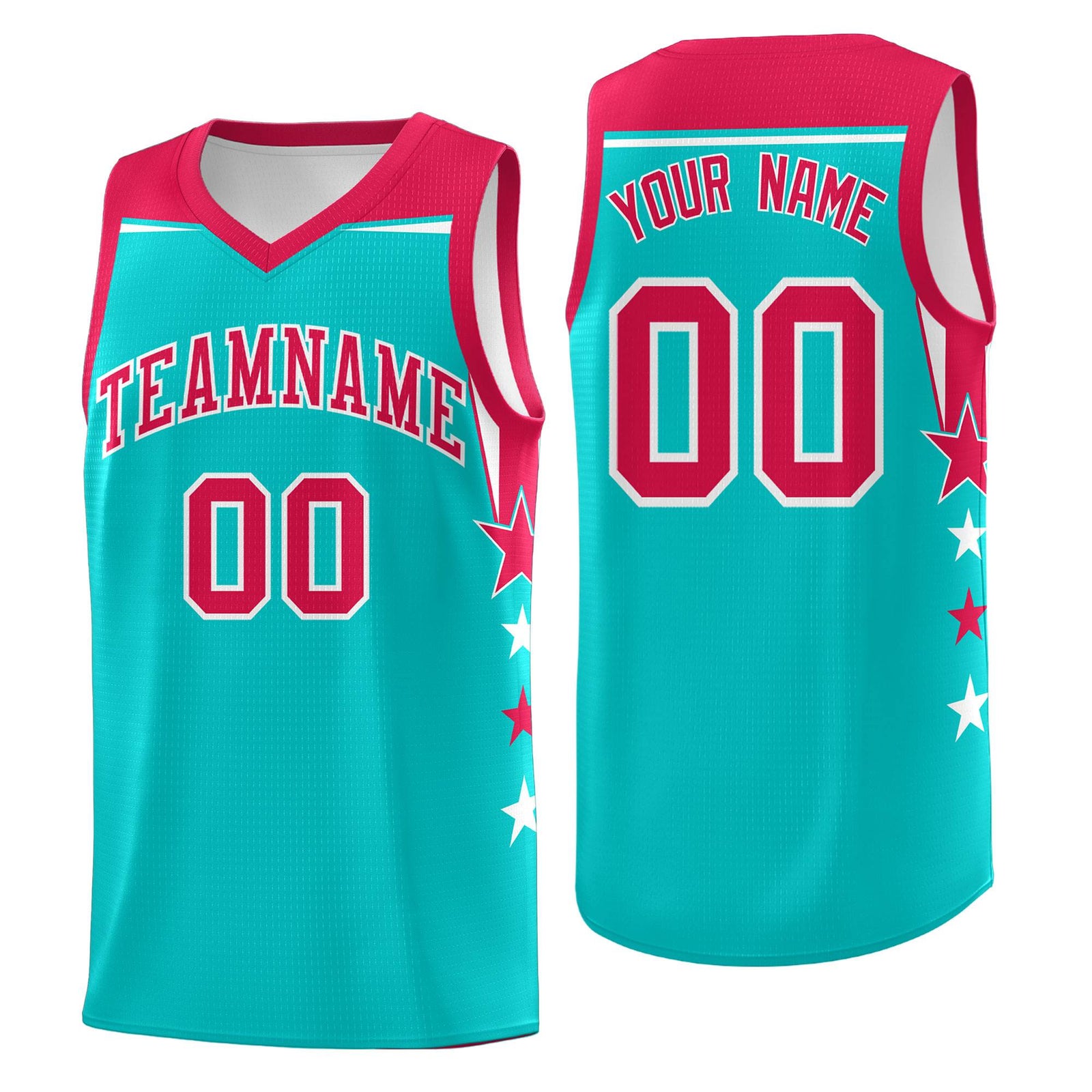 Custom Youth Basketball Uniform Aqua Red Two Tone Side Star Personalized Team Jersey