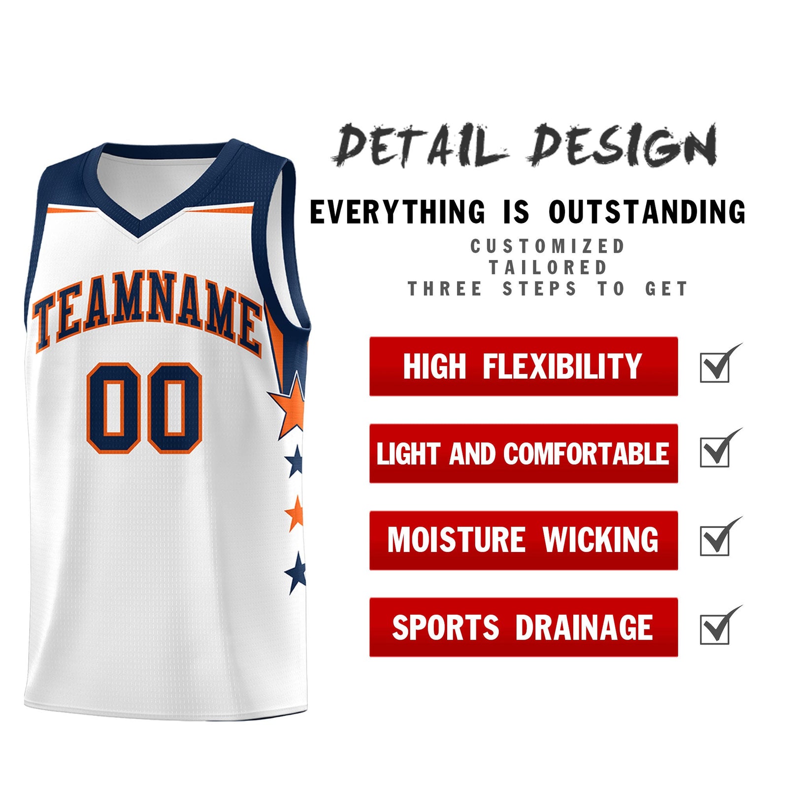 Custom Youth Basketball Uniform White Navy Two Tone Side Star Color Block Team Jersey