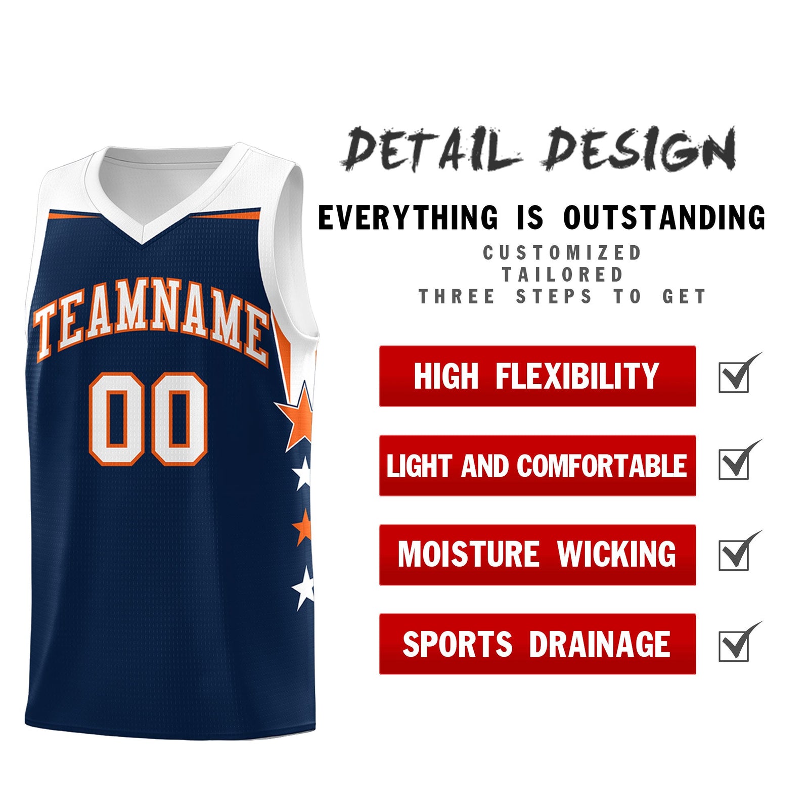 Custom Youth Basketball Uniform Navy White Two Tone Side Star Add Name Number & Logo