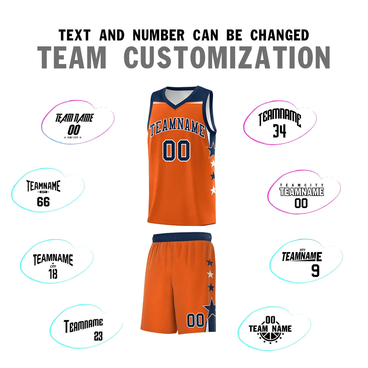 Custom Youth Basketball Uniform Orange Navy Two Tone Side Star Personalized Team Jersey