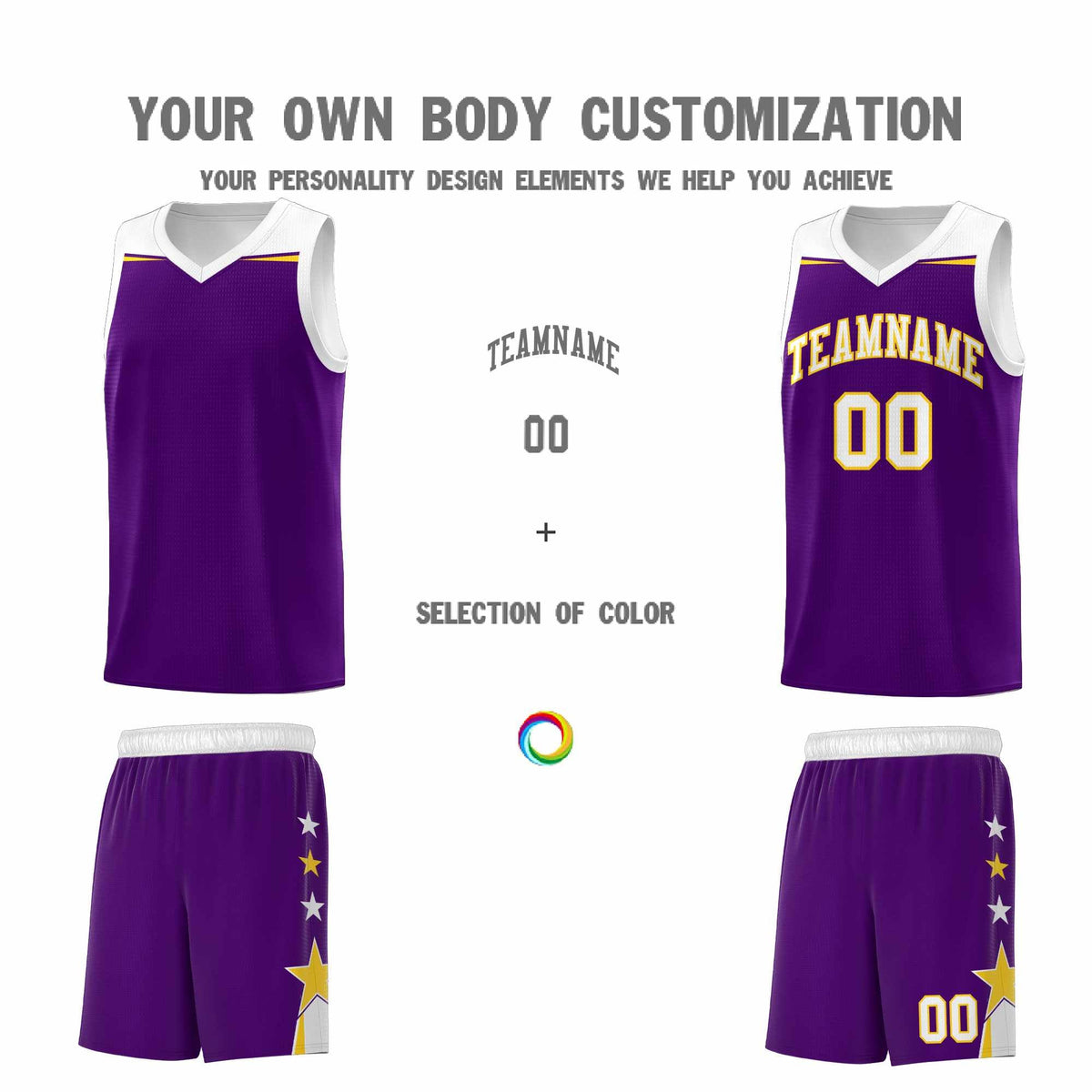 Custom Youth Basketball Uniform Purple White Two Tone Side Star Add Name Number &amp; Logo