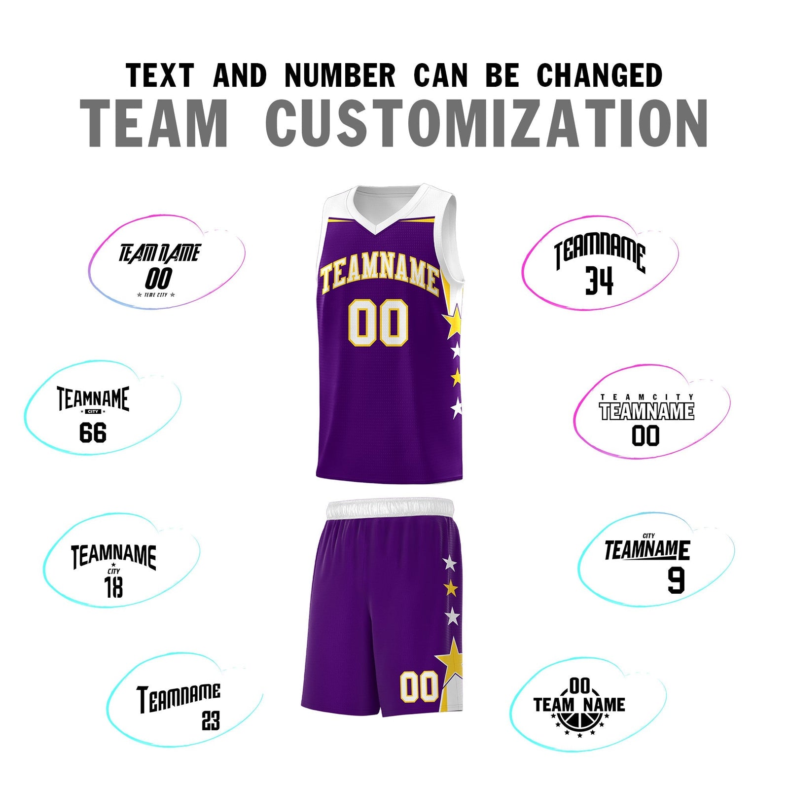 Custom Youth Basketball Uniform Purple White Two Tone Side Star Add Name Number & Logo