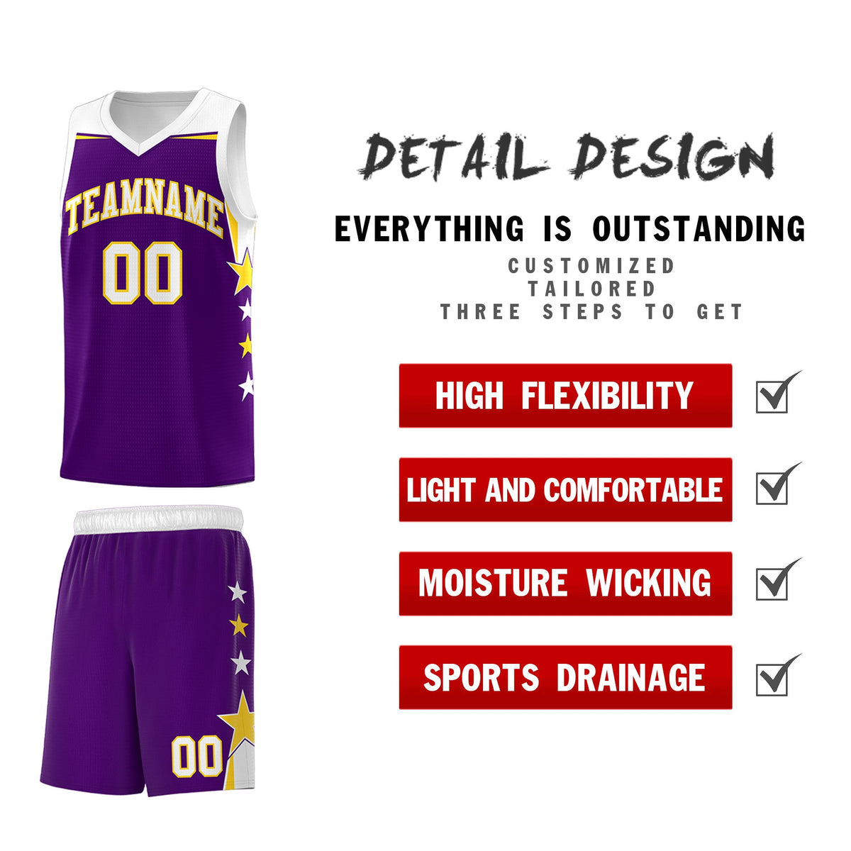 Custom Youth Basketball Uniform Purple White Two Tone Side Star Add Name Number &amp; Logo