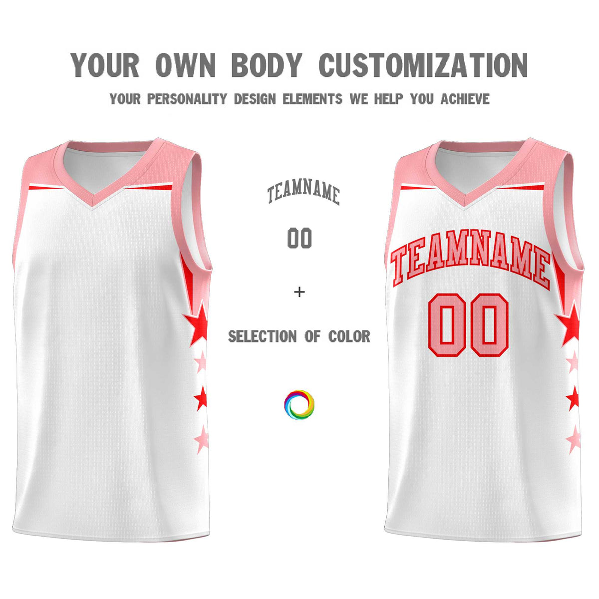 Custom Youth Basketball Uniform White Light Pink Two Tone Side Star Color Block Team Jersey