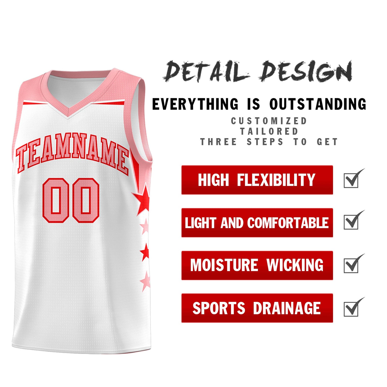 Custom Youth Basketball Uniform White Light Pink Two Tone Side Star Color Block Team Jersey