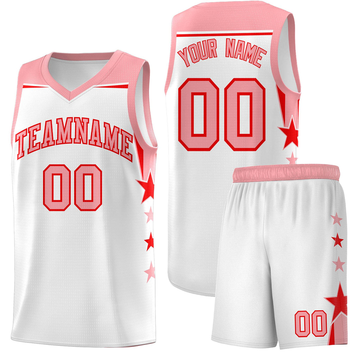 Custom Youth Basketball Uniform White Light Pink Two Tone Side Star Color Block Team Jersey