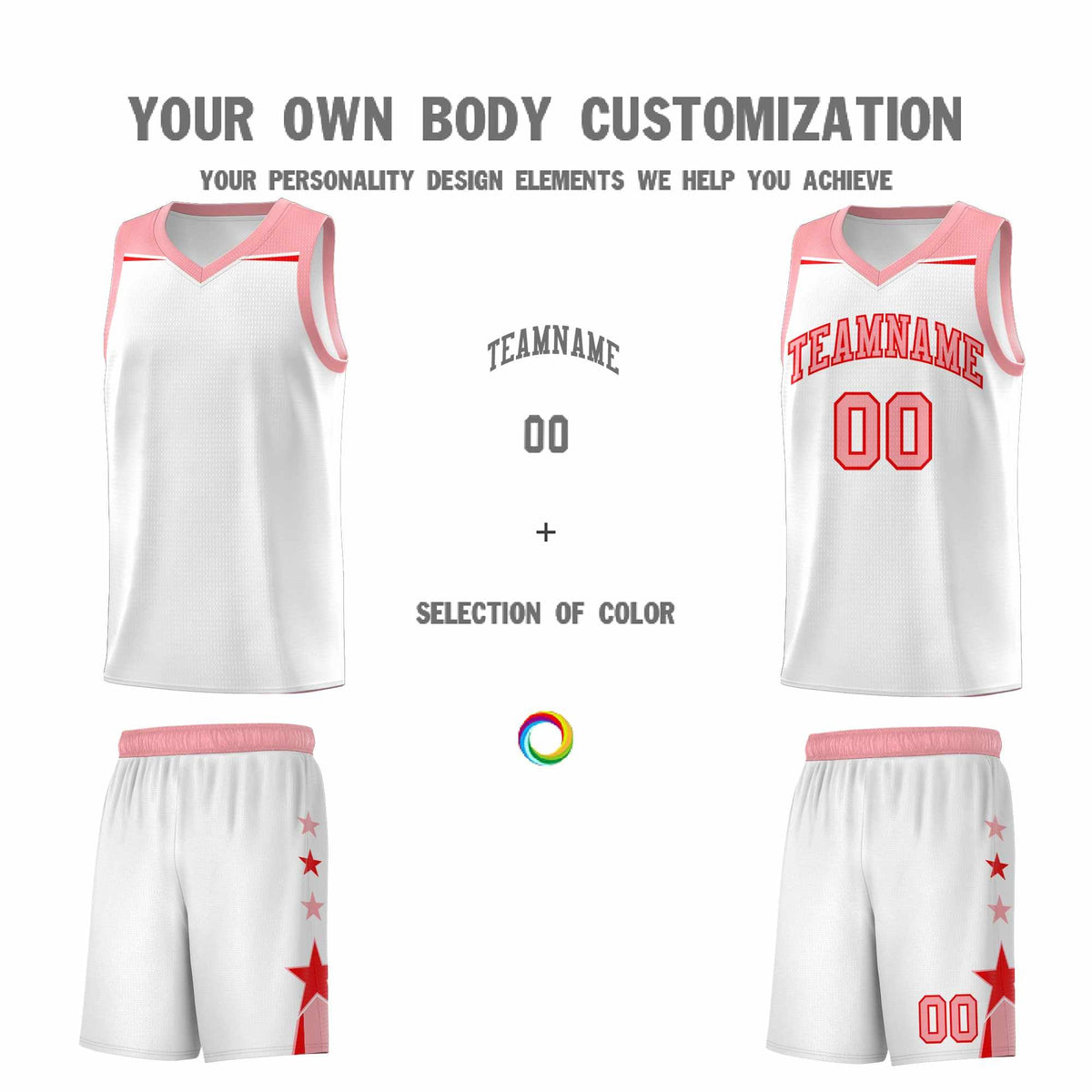 Custom Youth Basketball Uniform White Light Pink Two Tone Side Star Color Block Team Jersey